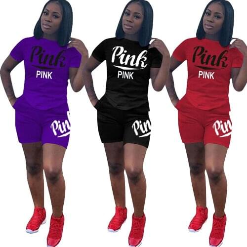 Two Piece Set Women Pink Outfit Summer New Arrival 2021 Tracksuit Clothing Letter Print Matching Casual 2 Piece Biker Short Sets