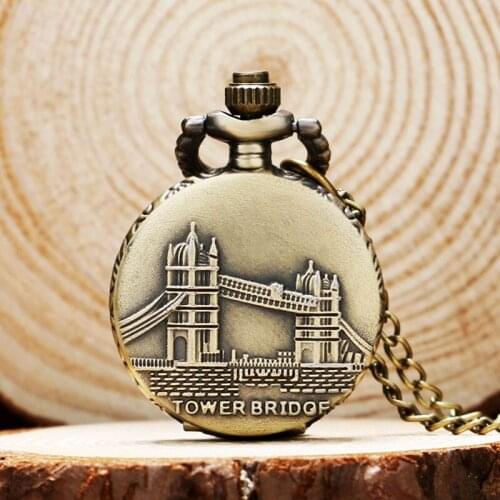 Antique Small Pocket Watch UK Tower Bridge Carving Slim Necklace Landmark Souvenir Clock Retro Mini Pendant Gifts for Friends