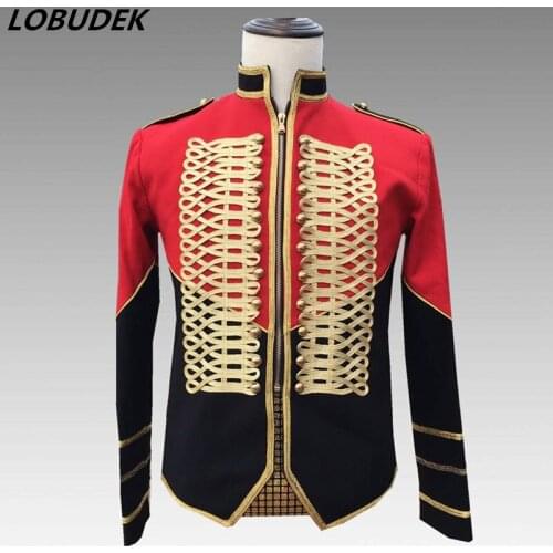 Bar Nightclub Mens Singer Performance Court Dress Red Black Patchwork Jacket Vintage Slim Coat Stage Costume Plus Size Jackets