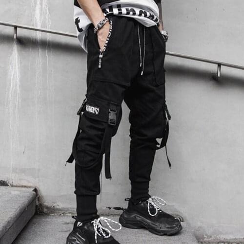 Men Ribbons Side-Pockets Cargo Pants Hip Hop Fashion Sweatpants Casual Harem Streetwear High Street Black Pencil Pants