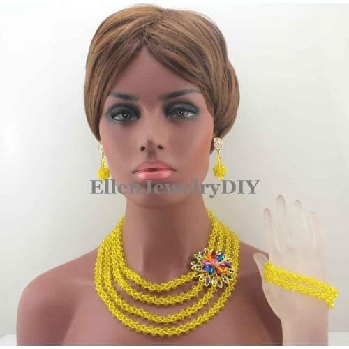 New Handmade Weaved Yellow Nigerian Wedding Beads Jewelry Set Crystal Seed Beads Bridal Costume Jewelry Set Free shipping W13299
