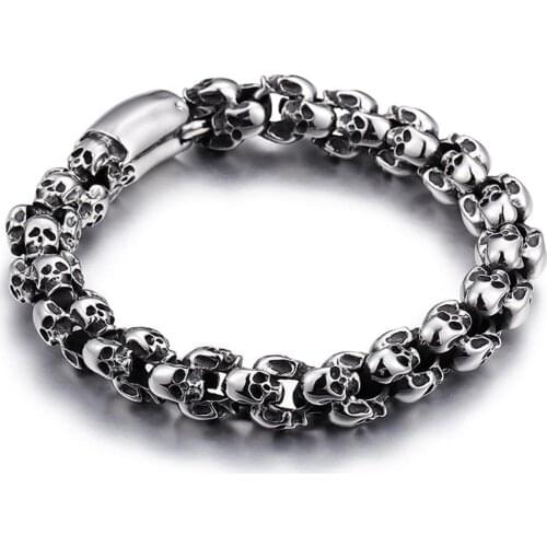 Punk Skull Bracelets For Men Stainless Steel Shiny Skull Charm Link Chain Brecelets Male Gothic Jewelry