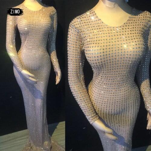 Fashion sparkly Rhinestone long Dress Women Evening Birthday club party Stage Singer Dancer costume designer dresses runway show