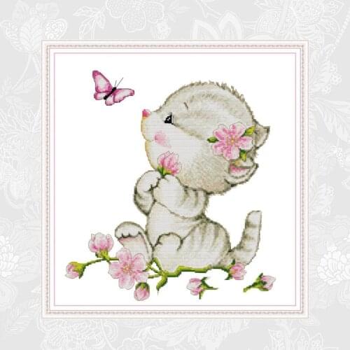 Joy Sunday Needlework, Cat and Butterfly Counted Printed On Canvas 14CT 11CT, Cross Stitch Schemes Embroidery Set Crafts