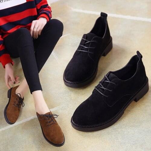 Lace Up oxford shoes women british brogue shoes round toe derby solid low heels loafers vintage nubuck flock bullock woman flats