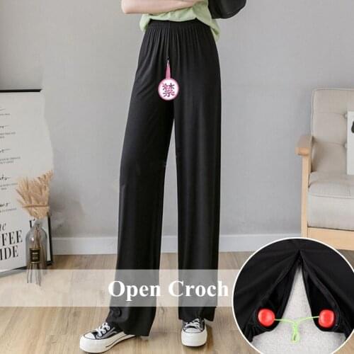 Outdoor Sex Pants For Women Zippers Crotchless Modal High Waist Loose Wide Leg Pants Spring Summer Long Pants Trousers Female