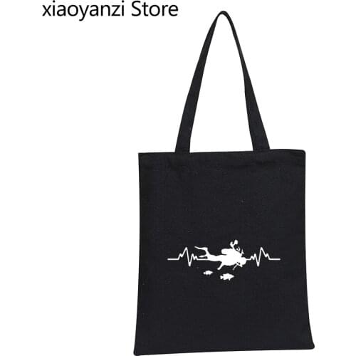 Scuba Dive Heartbeat Diver Funny Women Shopping Canvas Tote Bags Harajuku Student Books Bags Streetwear Black Shopping Bag