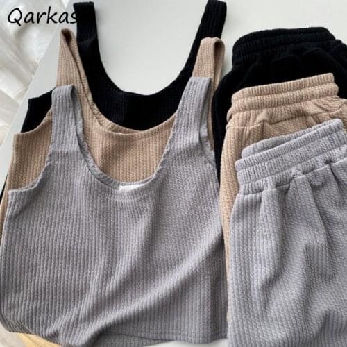 Short Sets Simple Breathable Screw Thread Loose Solid Color Leisure Ladies Daily Clothing Backless Workout Sleeveless Summer Ins