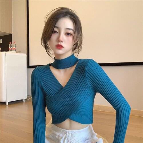 Woman Sweaters Pullover V-neck Halter Low-Cut Top Autumn Winter Clothes Cross Midriff-Baring Knitted Sweater Sweater