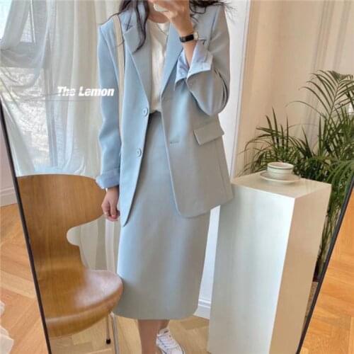 2021 Spring 2 Pieces Sets Suits Single Breasted Blazer Midi Skirts Women Suits Office Lady Skirt Suits Korean Fashion