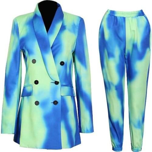 Spring Autumn New Casual Set For Women Long Sleeve Double-breasted lapel blazer High Waist Pants printing Two Piece Set Female