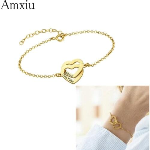 Amxiu 100% 925 Sterling Silver Hearts Bracelets Custom Two Names Adjustable Bracelet For Lovers Hand Accessories Women Jewelry