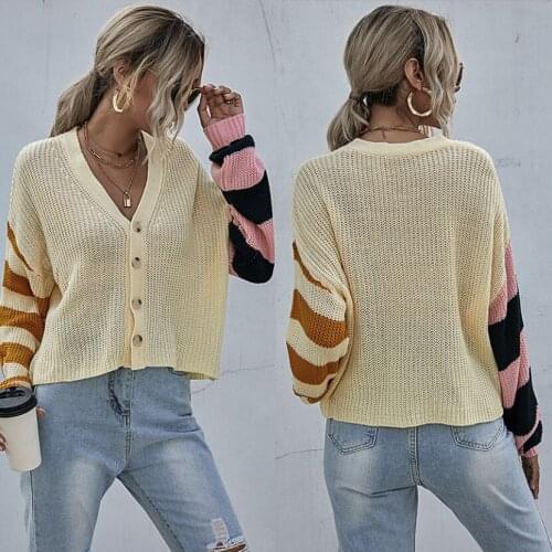 Woman Sweaters Autumn Mujer Suéteres Cardigan Button Patchwork V-Neck Women Jersey Mujer Streetwear Beige Dropshipping Spring