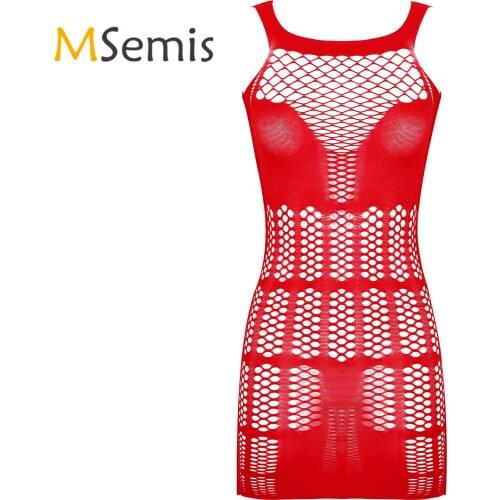 Womens Erotic Mesh Fishnet Mini Dress Bodystocking Hollow Out See-through Lingerie Dress Underwear Babydoll Sleepwear Clubwear