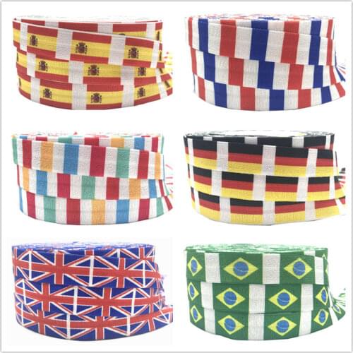10yard 8 Countries Flags Printed Fold Over Elastic Spain French Netherlands England Germany Brazil Flag FOE Ribbon for Word Cup