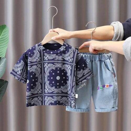 2021 new boys' cotton suit short sleeve baby retro fashion T-shirt 2-piece suit for children summer set Toddler infant clothing