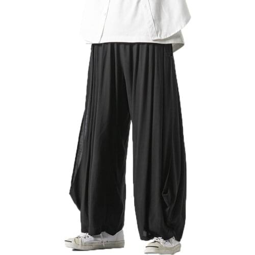 Men Linen Wide Leg Pants Man Harajuku Streetwear Harem Pants Male Chinese Style HanFu Kongfu Black Cotton Trousers Skirt