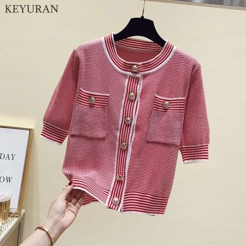 Summer Knitted Cardigan Sweater Women Korean Short Sleeve O-neck Single Breasted Pockets Ladies Vintage Loose Thin Knit Crop Top