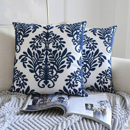 Cushion Cover Navy Blue/White Geometric Floral Canvas Cotton Square Embroidery Pillow Cover Home Decor for Sofa Chiar 45x45cm