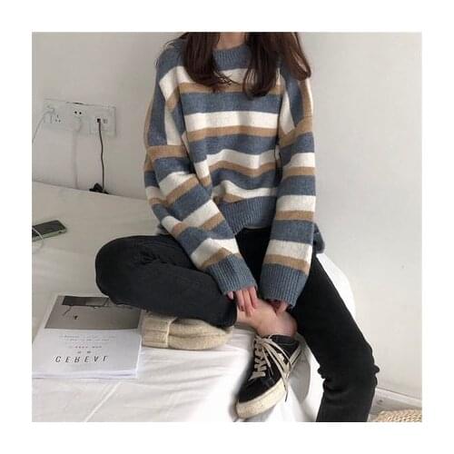 2020 Autumn Winter Stripe Womens Sweaters Fashion O-Neck Long Sleeve Knitting Sweaters Pullovers Female Korean Loose Sweaters