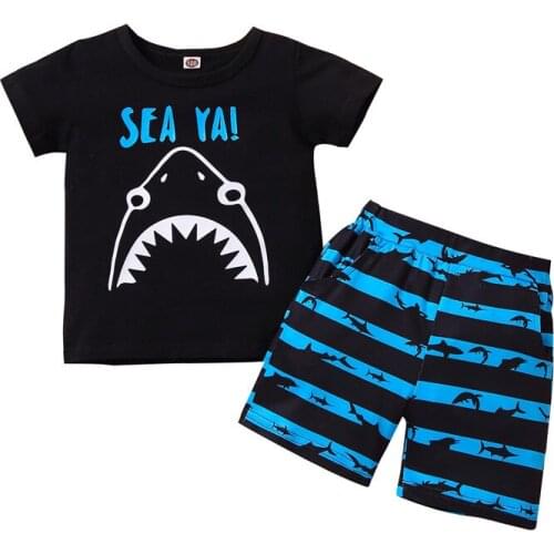 1-5 Years Children Boys Summer 2pcs Outfits Cartoon Shark Print T-Shirt Stripe Elastic Waist Shorts Set Boys Tracksuits Suits