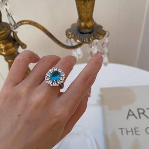 French Retro Ice Zircon Open Ring Female Color Contrast Exaggeration Ins Style Rings for Girls Party Wedding Jewelry Gifts