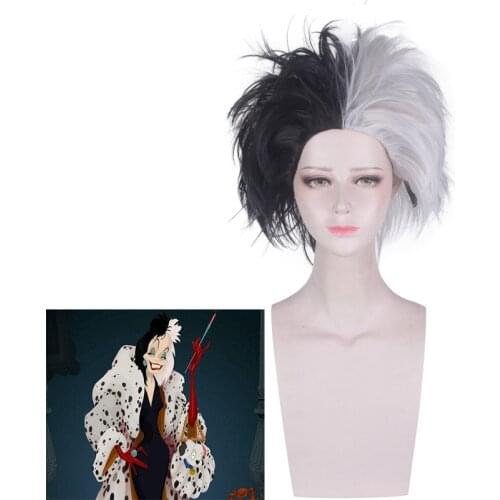Amime Cruella De Vil Deville Short Wig Black White Mix Fluffy Cosplay Costume Heat Resistant Synthetic Hair Men Women Wigs