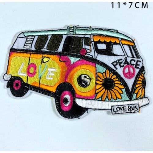PGY Cartoon Bus Colour Peace Iron On Patches for Clothing Peace Automobile Back Rubber Embroidery Appliques Embroidered Badges