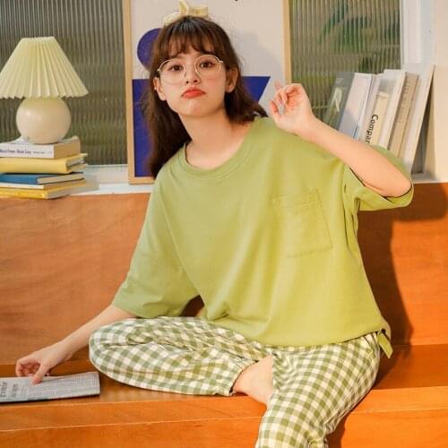 SLPBELY Women Pajamas Set Loungwear Summer Casual Short Sleeve Plaid Trousers Green Homewear Cotton Nightwear Home Clothes