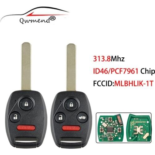 313.8Mhz Remote Car Key for Honda Accord 2008 2009 2010 2011 2012 for Honda Key Fob MLBHLIK-1T ID46/PCF7961 Chip 3/4Buttons