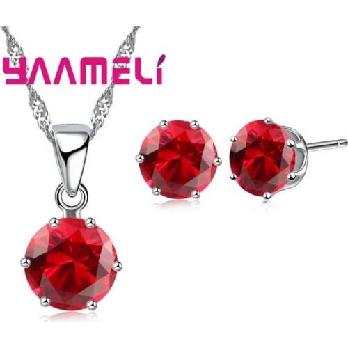 Sale 925 Sterling Silver Bridal Wedding Jewelry Sets For Women Engagement Crystal Pendant Necklace Stud Earrings Set