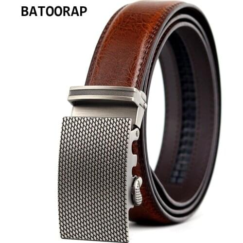 Cowhide Leather Belt For Men Brown High Quality Fashion Business Ratchet Belt Metal Diamond Buckle Automatic Waist Strap Male