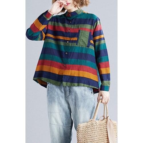 QPFJQD Spring Autumn 2021 Vintage Colorful Stripe Printed Shirts WomenS Cotton Linen Office Lady Loose Blouse Tops Stand Collar
