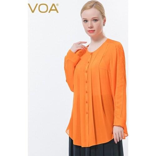 VOA Silk Georgette Round Collar Shoulder Sleeve Orange Jacquard Stitching Pleated Single-breasted Straight Loose Shirt BE678