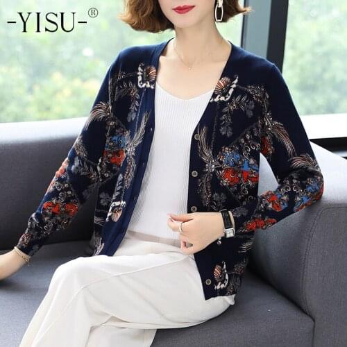 YISU Long Sleeve Sweater Cardigan Women 2020 New knitted Sweater Short Cardigan Soft Printed Knitted Sweater cardigan Women