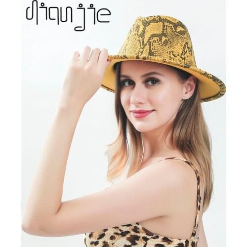 2021 winter fedora hats for women fashion Flat wide Brim Panama Wool Felt Jazz Fedora Hats for men snake pattern top wedding Hat