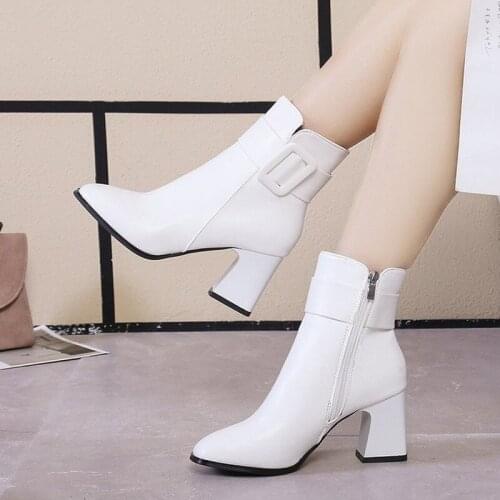 White Black Thick High Heel Ankle Boots Women 2021 Pointed Toe Keep Warm Elegant Short Booties Ladies Ankle Buckle Decoration