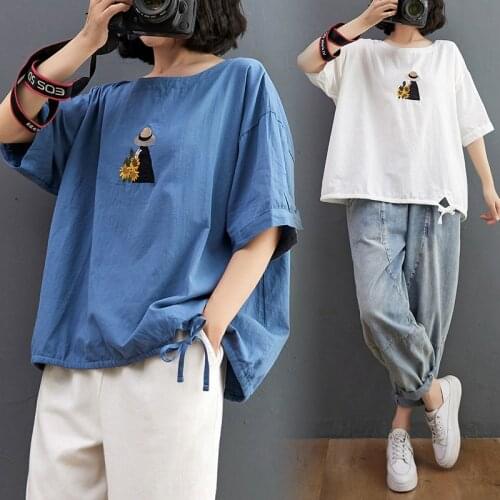 Women T-Shirts Unique Sunflower Girl Embroidery Summer Casual Tops Loose Drawstring Hem Simple Street Trendy Short-Sleeved Tees