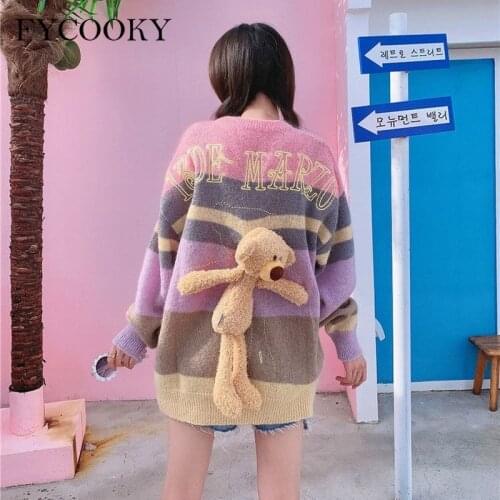 2021 New Sweet Rainbow Striped Sweater Women Bear Outwear Oversized Sweater Korean Loose O-neck Long Sleeve Knitted Pullovers