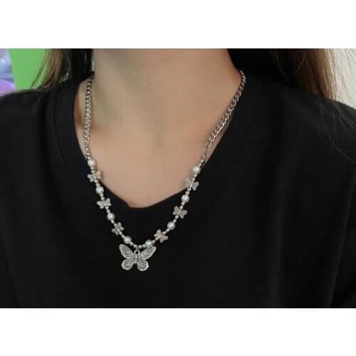 Women Choker Gothic Butterfly Pendant Necklace For Aesthetic Grunge Chain Accessories IGIRL Indie Collar Jewelry Friends Gift