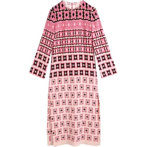 2021 Summer Geometric Printed Vintage Midi Dress Basic O Neck Long Sleeve Dresses Office Lady Sundress Vestido Mujer