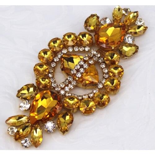 1PCS sew on metal crystal patch for wedding dress garment shoes decoration Yellow Rhinestone Applique for women evening dress