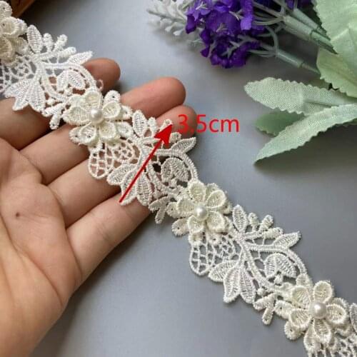 1 Yard 35mm Ivory Lace Trim Ribbon Soluble Pearl Flower Embroidered Fabric Handmade For Costume Sewing Supplies Craft Decoration