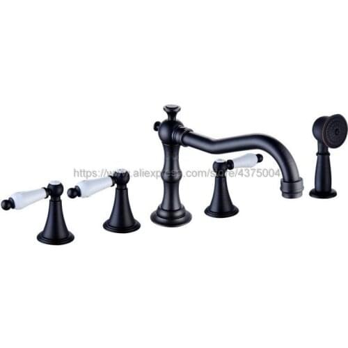 Black Brass 5pcs Bathroom Tub Sink Faucet with Hand Shower Deck Mounted 5 Holes Three Ceramic Handles Bathtub Taps Ntf054