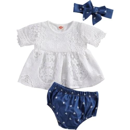 0-24M Princess Baby Gir’s Clothes Fresh Solid Color Tops Flower Lace Hollow Blouse +Heart Print Wrapped Shorts+Headband Set