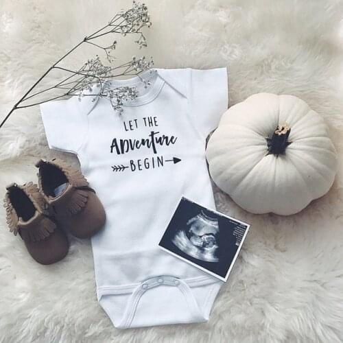 DERMSPE 2019 Newborn Baby Clothes Short Sleeve Girl Boy Clothing Let The Adventure Begin Design Rompers Costumes White