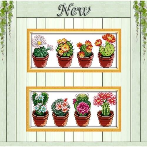 Beautiful cactus colorful flowers pot painting Counted Print on canvas DMC 11CT 14CT Cross Stitch kits Needlework Sets embroider