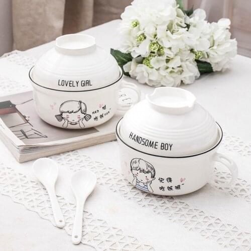 Creative ceramic bowl instant noodle cup bowl with lid and handle instant noodle bowl bento box can be placed in the microwave