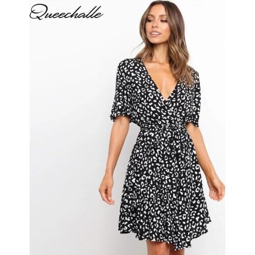 Summer Dress Women Sexy V Neck Leopard Print Boho Beach Dresses Casual Ruffle Female Midi A Line Party Vestidos Black