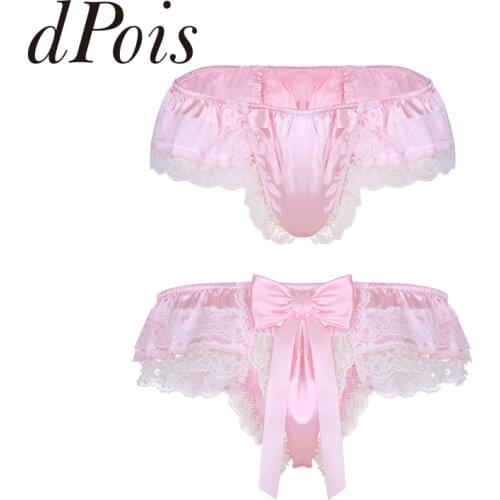 Mens Shiny Satin Lingerie Double Layers Floral Lace Back with Big Bowknot Low Rise Male Bikini Thong Briefs Underwear